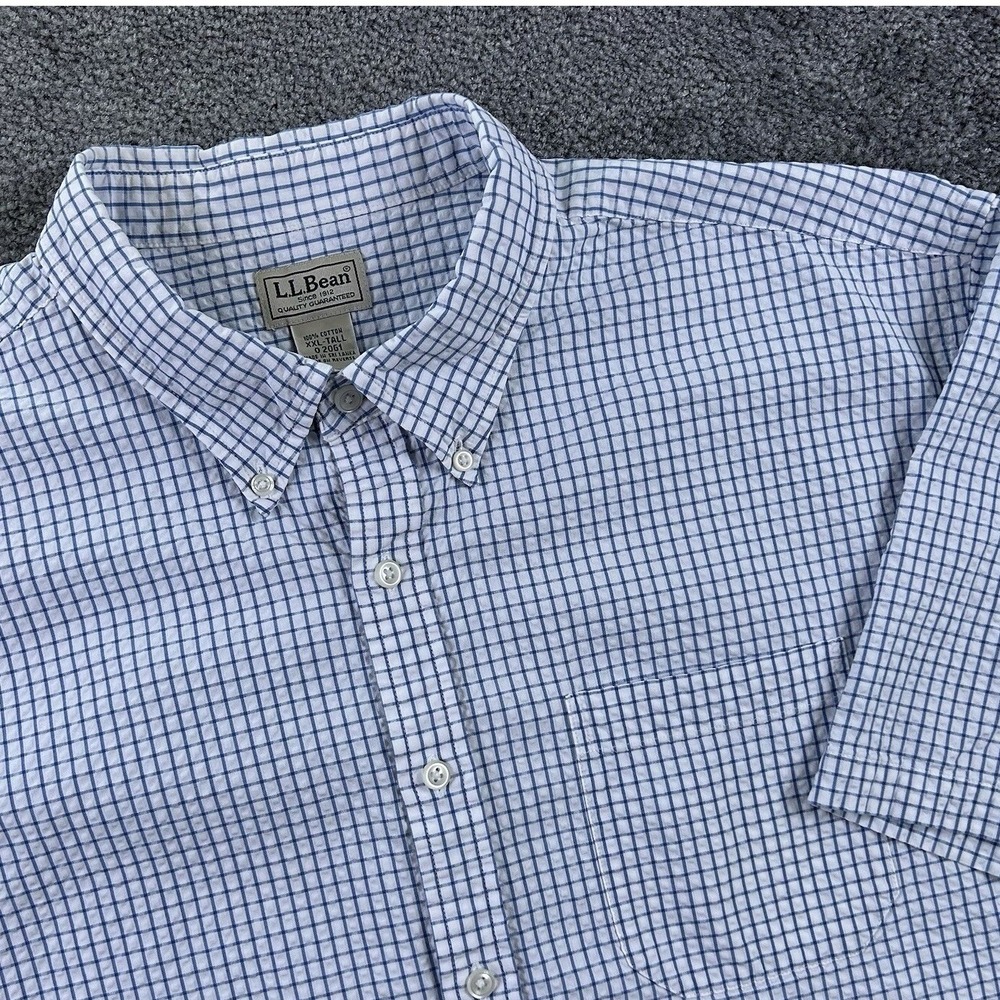 LL Bean Mens XXL Tall Seersucker Shirt Blue White Check Short Sleeve O2061